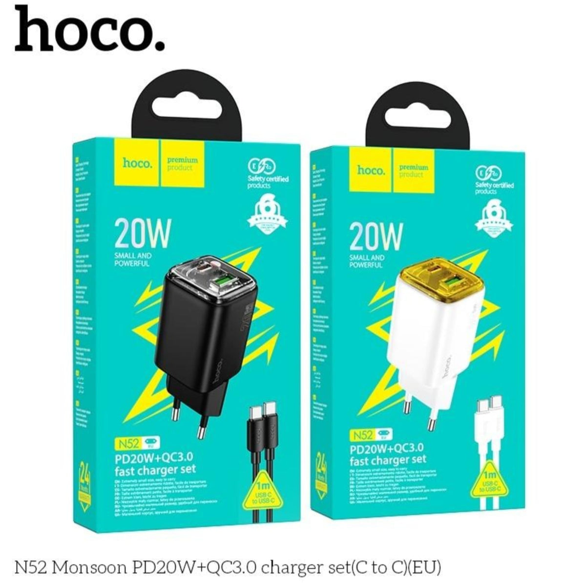 HOCO 20W USB-C Fast Charger Adapter with PD and QC 3.0, White and Black Charging Plug