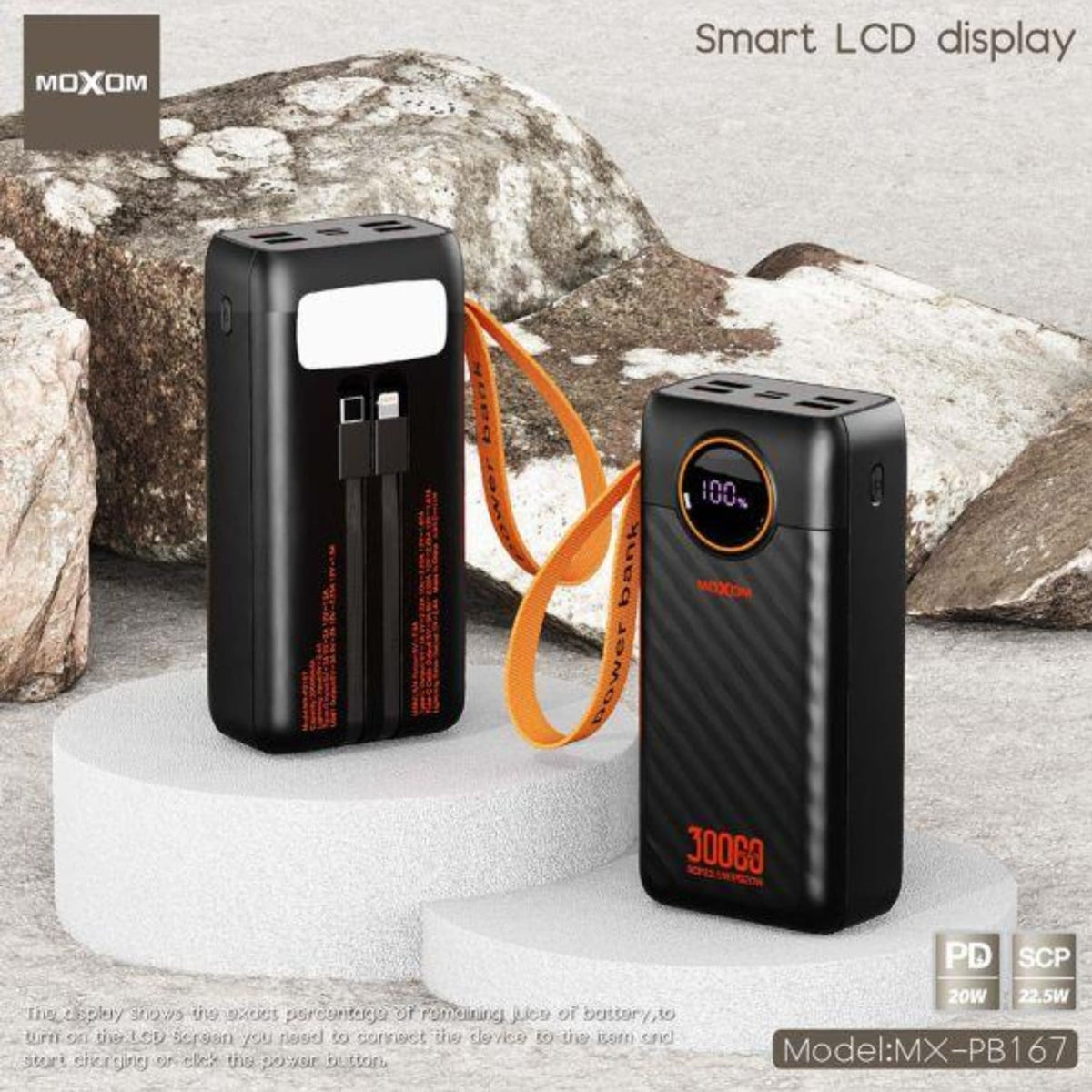 MOXOM MX-PB167 30000mAh Power Bank, Smart LCD Display, 20W PD Fast Charging, 22.5W SCP, Portable USB Charger