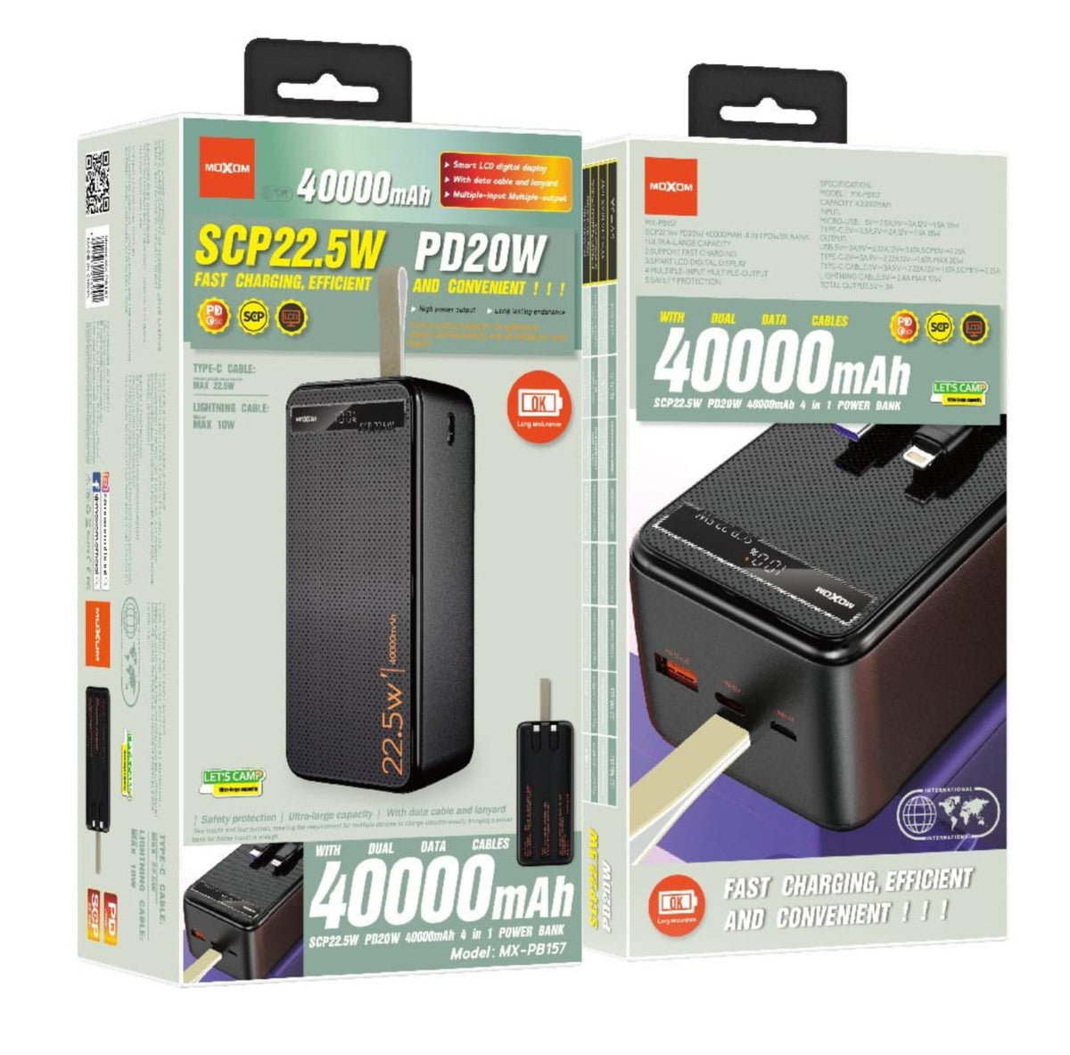 MOXOM MX-PB157 40000mAh Power Bank, 22.5W SCP & 20W PD Fast Charging, Digital Display with Built-in Cables