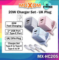 MOXOM MX-HC205 20W Fast Charger Set with USB-A and USB-C Ports, UK 3-Pin Plug, Type-C to Type-C and Type-C to Lightning Cable