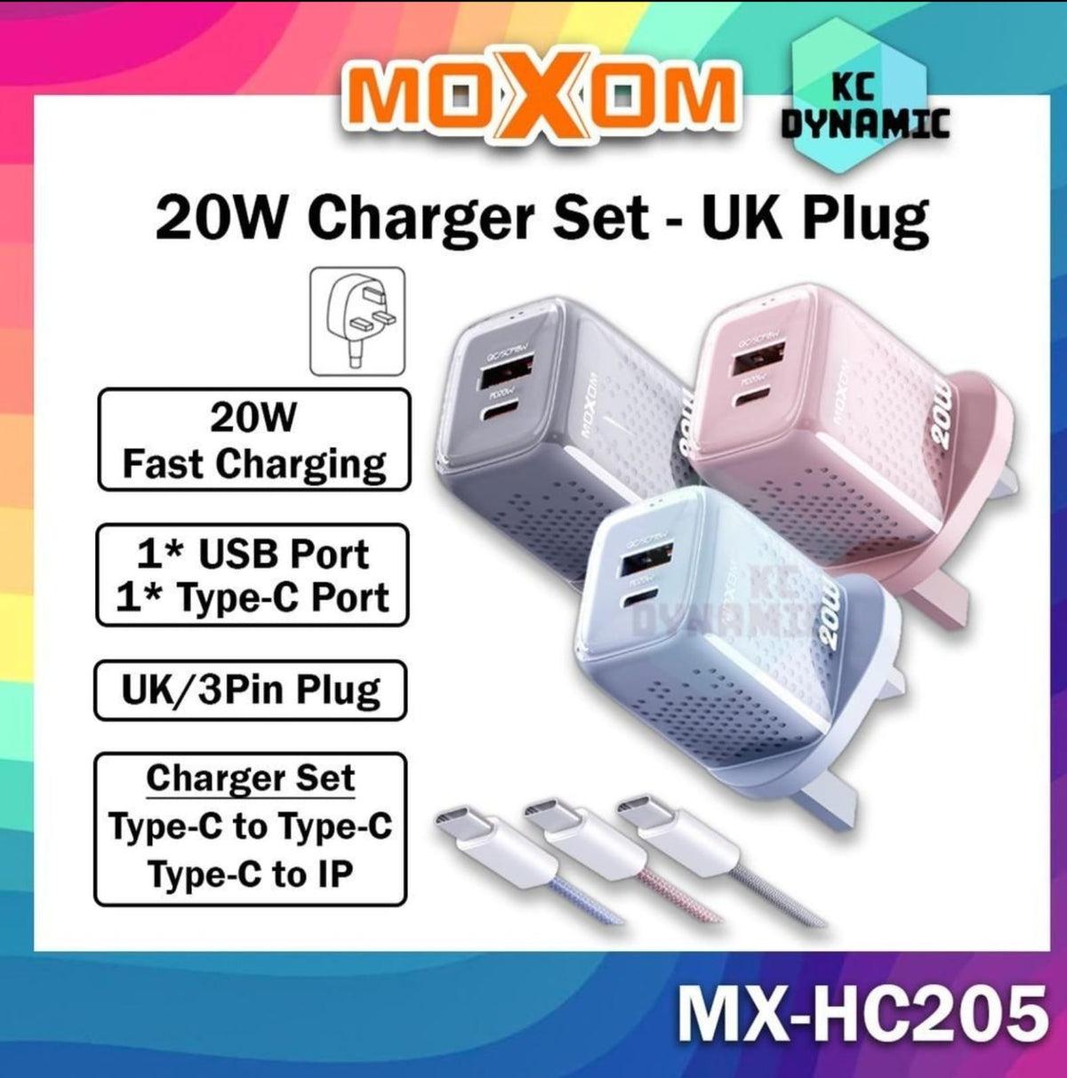 MOXOM MX-HC205 20W Fast Charger Set with USB-A and USB-C Ports, UK 3-Pin Plug, Type-C to Type-C and Type-C to Lightning Cable